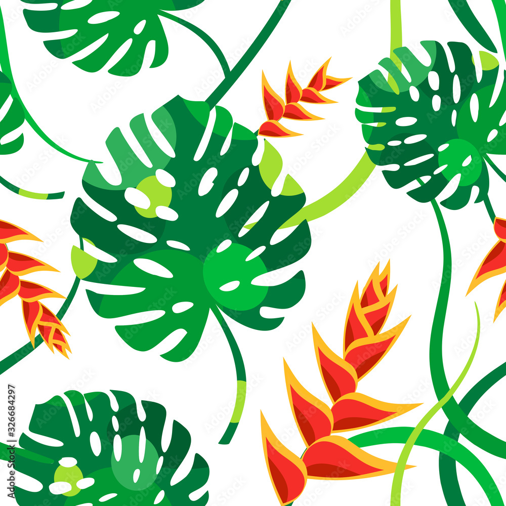 Seamless vector pattern with tropical flowers and leaves. Green monstera leaves, red Heliconia flowers on a white background. Intertwining vines and stems. Pattern, texture for textiles, paper, covers