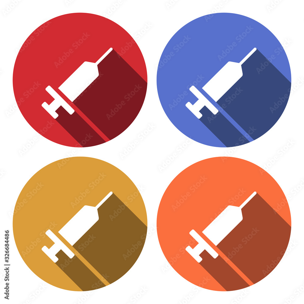 Flat colours circles illustration with long shadow Icon medical syringe with needle. Concept of vaccination, injection Flat colours circles illustration with long shadow Icon medical syringe with needle. Concept of vaccination, injection