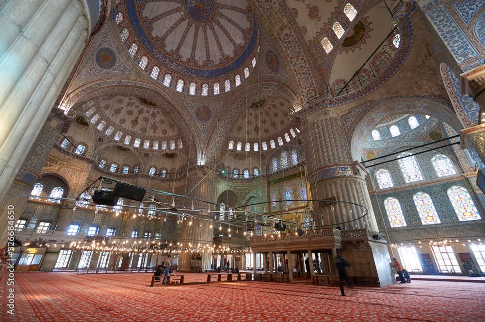 Interior of the Sultanahmet Blue Mosque in Istanbul, Turkey.
