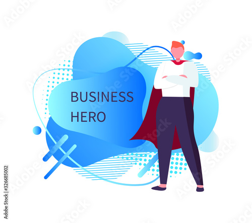 Business hero vector, person wearing special formal suit standing in posture posing, male flat style. Abstract design, businessman with red mantle