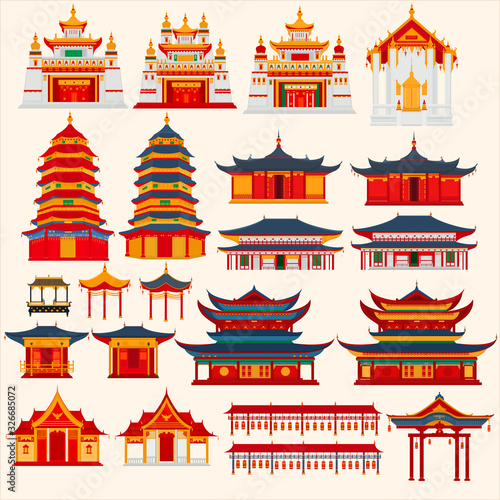 Set of Chinese temples, gates and traditional buildings on a light gray background 