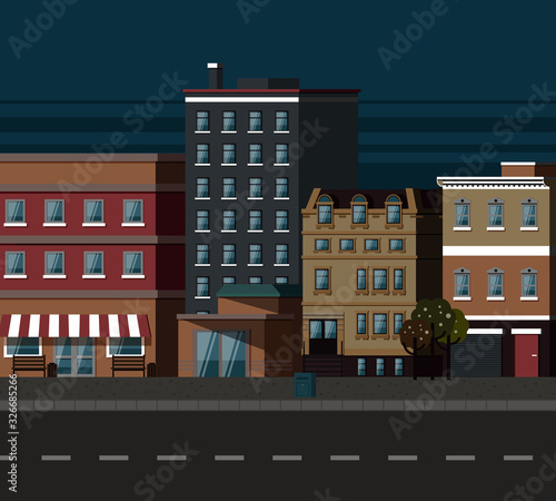 Apartments and flats in old buildings vector, empty street with estate and trees. Exterior of city, urban atmosphere evening vintage decoration flat style
