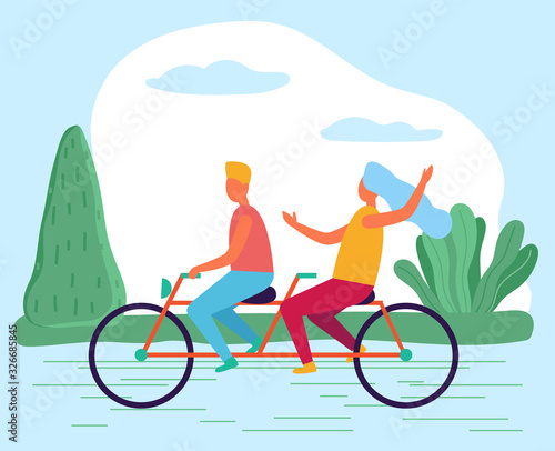 Woman and man riding tandem bicycle on road among forest. Couple on date or friends spend leisure time actively doing their hobby. Summer weather  landscape of wood. Vector illustration in flat style