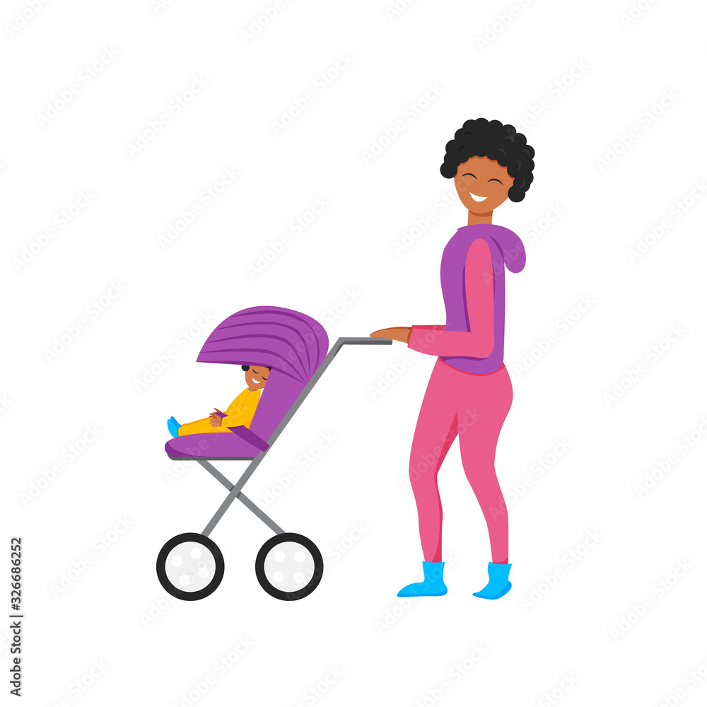 Vector illustration of mother with baby carriage. Happy african mom walking with baby girl. Cute flat characters isolated on white background. Woman in sports clothes taking fresh air with daughter Vector illustration of mother with baby carriage. Happy african mom walking with baby girl. Cute flat characters isolated on white background. Woman in sports clothes taking fresh air with daughter