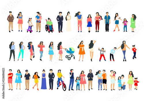 A group of people walk and relax with their family, happy people collection.