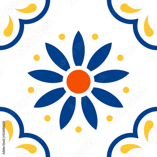 Mexican talavera tile pattern. Ornament in traditional style from Puebla on white background. Floral ceramic composition with flower, dot and leaves. Folk art design from Mexico.