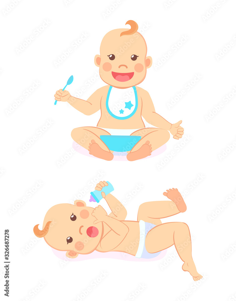Newborn baby of four or five months lying on back with bottle of milk and infant milestones from 6 to 12 eating itself with spoon and bowl vector isolated Newborn baby of four or five months lying on back with bottle of milk and infant milestones from 6 to 12 eating itself with spoon and bowl vector isolated