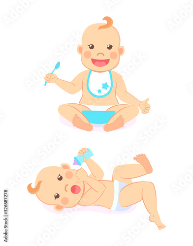 Newborn baby of four or five months lying on back with bottle of milk and infant milestones from 6 to 12 eating itself with spoon and bowl vector isolated