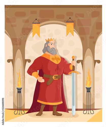 A strong king with a sword on castle background.