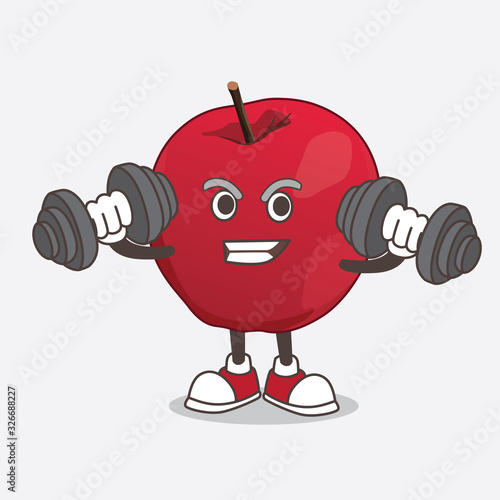 Apple cartoon mascot character on fitness exercise trying barbells