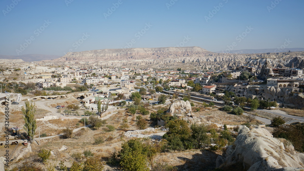 Landscape with Goreme. It's a small town with tourist center in Cappadocia in Turkey.