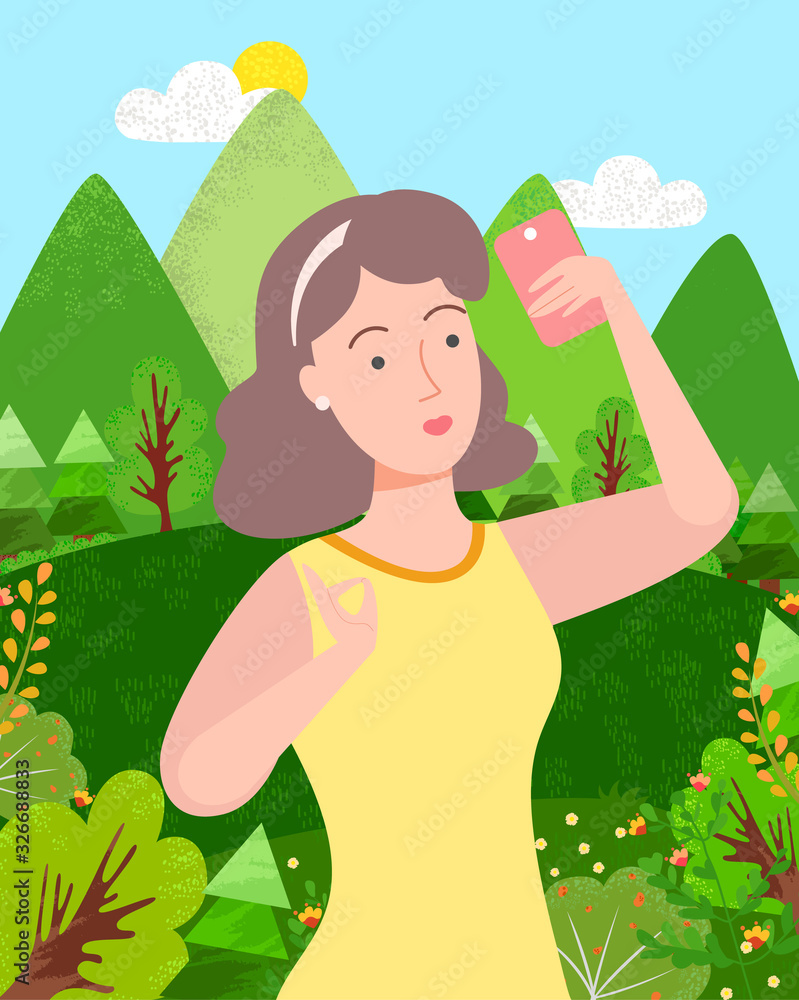 Traveler taking selfie in forest vector, female character travel blogger with smartphone, photo of woman posing in nature. Mountains with trees and bushes sunshine Traveler taking selfie in forest vector, female character travel blogger with smartphone, photo of woman posing in nature. Mountains with trees and bushes sunshine