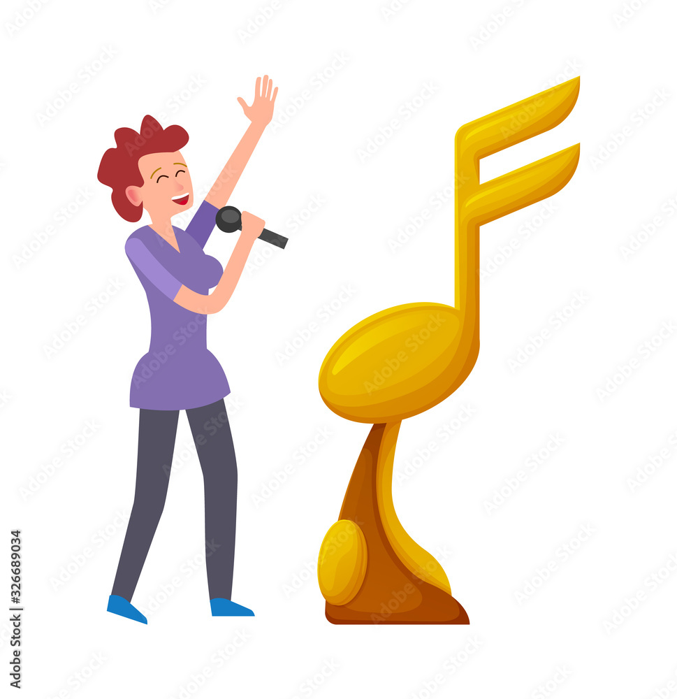 Woman singing in microphone wishing to get golden trophy on music festival. Isolated karaoke singer and note award symbol vector, prize for best song Woman singing in microphone wishing to get golden trophy on music festival. Isolated karaoke singer and note award symbol vector, prize for best song