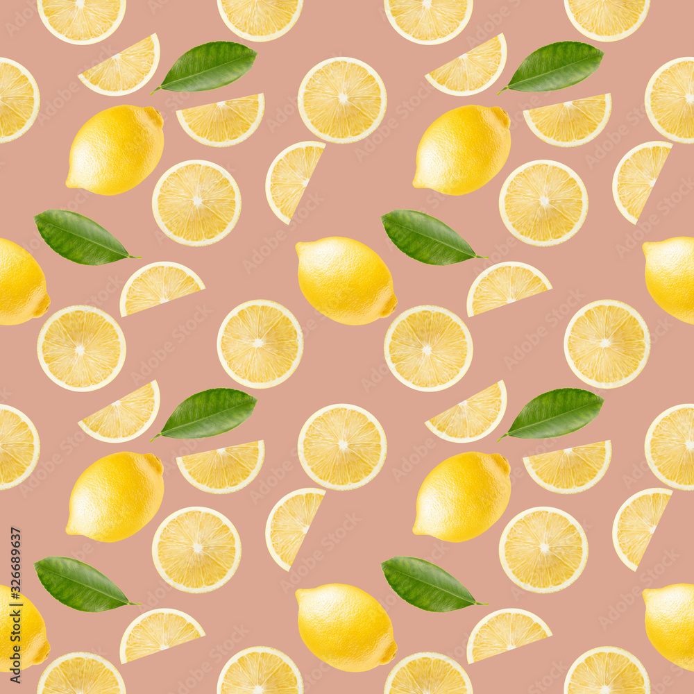 pattern with lemon slices and leaves on a light pink background