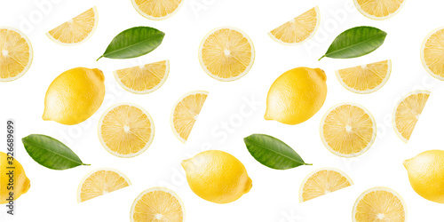 pattern with lemon slices and leaves on a white background