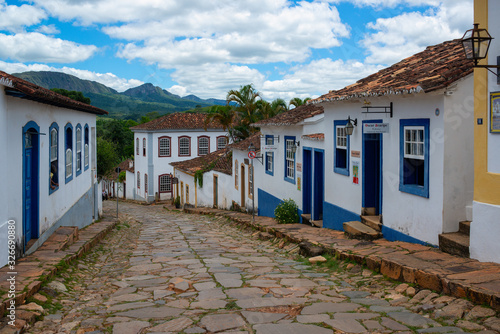 Tiradentes, Minas Gerais, Brazil on December 30, 2019. Historic buildings of colonial baroque architecture with their colorful windows and doors from the 18th century. photo