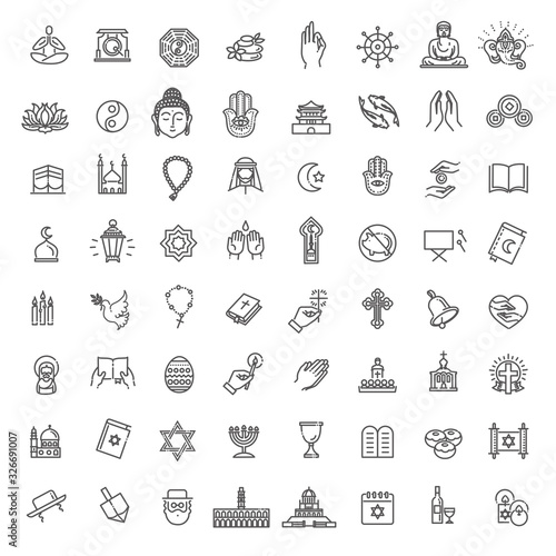 Vector religion icons set thin style. Vector