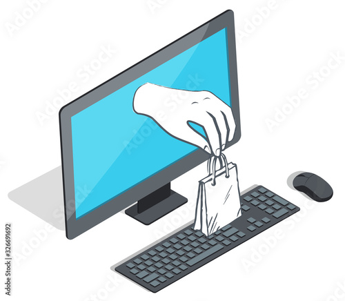 Ecommerce sketch of hand holding package from monitor of computer, keyboard and mouse symbols. Communication with wireless device for shopping. Pc equipment and drawing bag icon on white vector