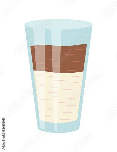Transparent glass or plastic container with drink. Brown and cream liquid, cocktail or soda. Beverage isolated on white background. Menu item in bar or restaurant. Vector illustration in flat style