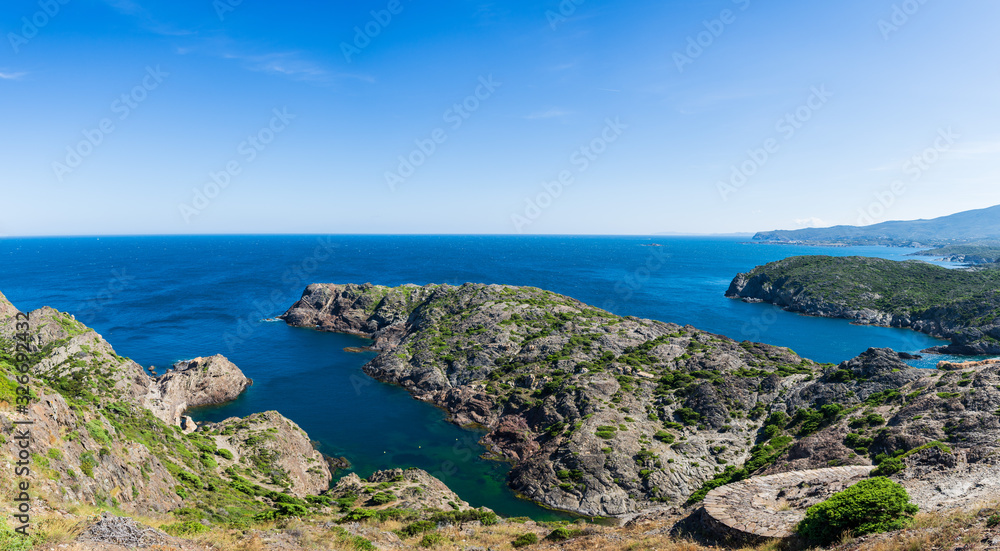 Seascape, mediterranean coastline, cliffs and bay, Cap de Creus - cape in Cadaques, Girona, Costa Brava, Catalonia, Spain.