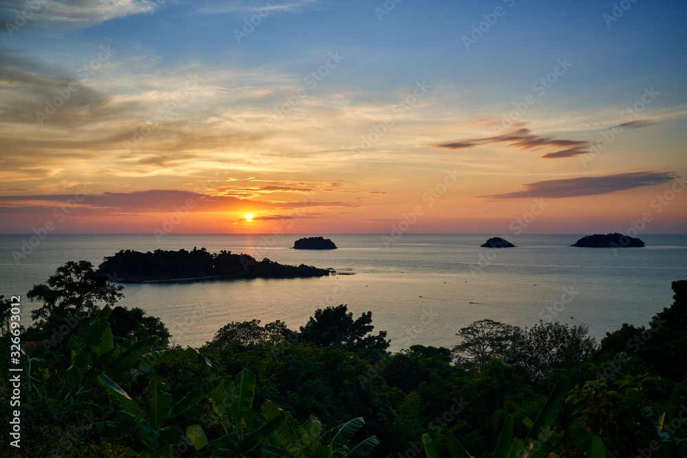 beautiful sunset skyline of koh chang island viewpoint for summer trip