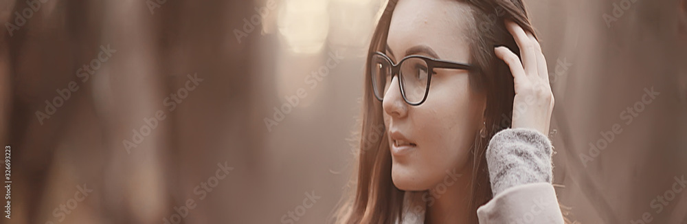 autumn girl glasses / autumn look girl in transparent glasses, eyesight - obrazy, fototapety, plakaty 