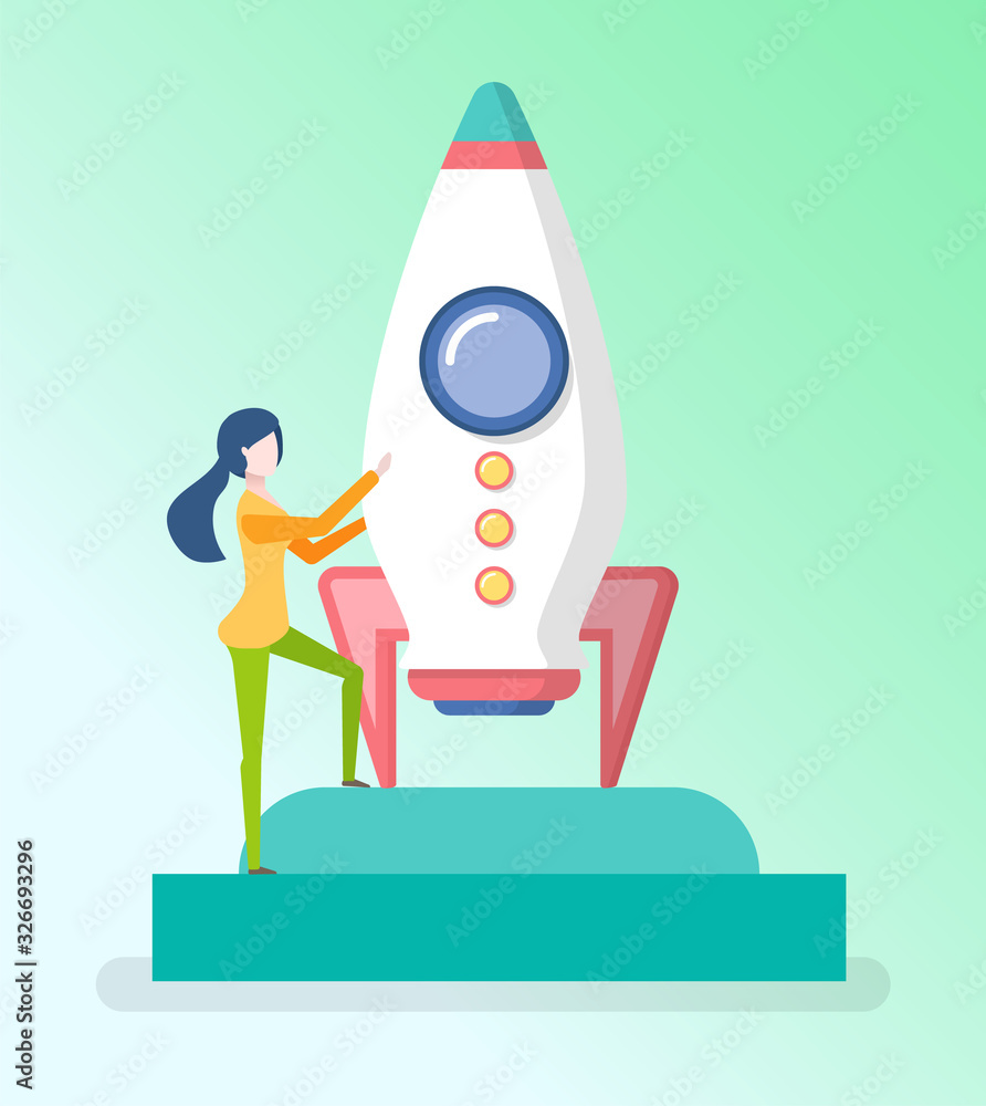 Woman standing near spaceship on platform, growing symbol, worker with rocket, equipment of startup and success, modern progress symbol, device vector