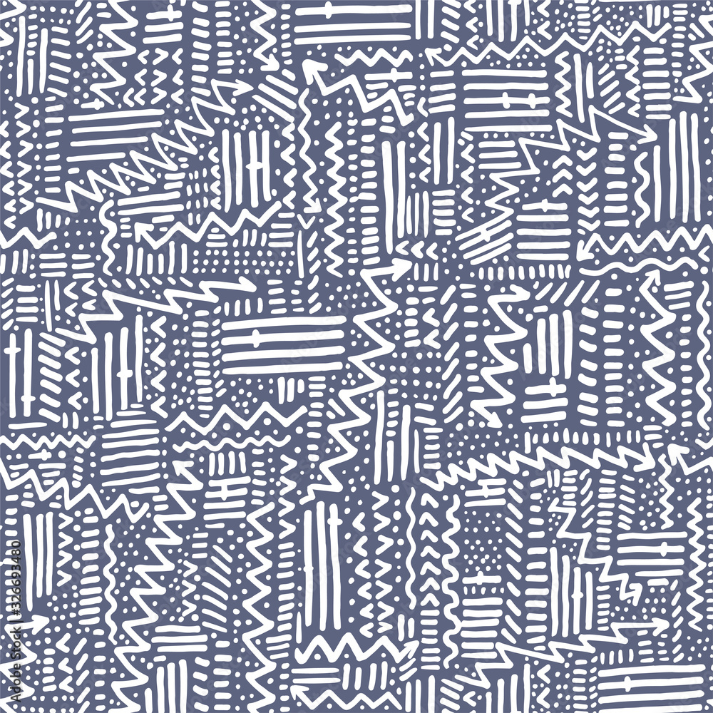 Seamless doodle geometric arrow, dot and line contemporary pattern in rythmic ethnic or Memphis style, background.