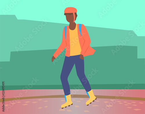 Boy in helmet and yellow roller skates spend time actively. Teenager skating on smooth floor alone. Teen has active and extreme hobby. Person on green background. Vector illustration in flat style