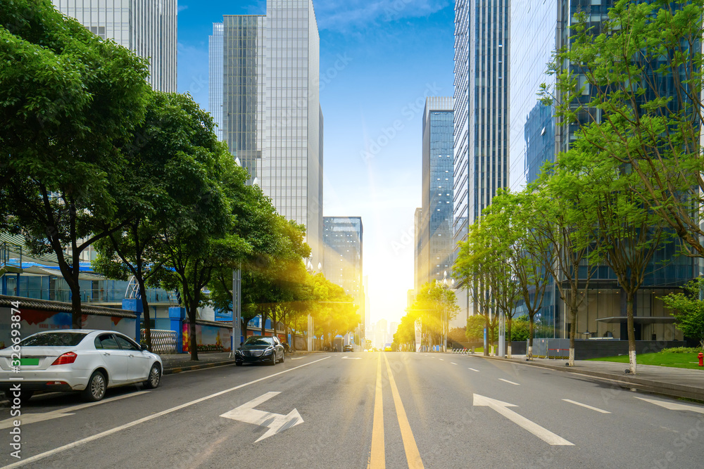 empty highway with cityscape and skyline of qingdao,China.