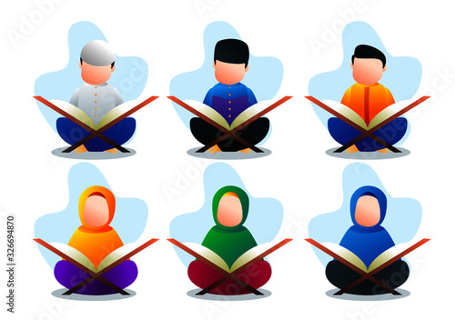 Pack of Faceless Moslem boy and girl kids characters reading book of Quran. islamic character illustration cartoon. ramadan kareem, ramadan mubarak and eid related activity