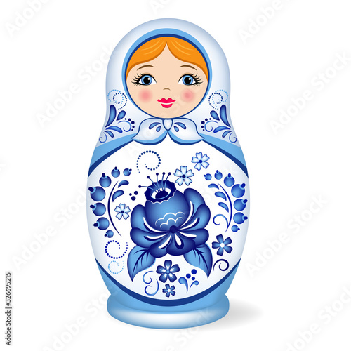 Russian nesting doll. Babushka or Matryoshka. Decorated with Gzhel, Russian traditional painted floral pattern. 