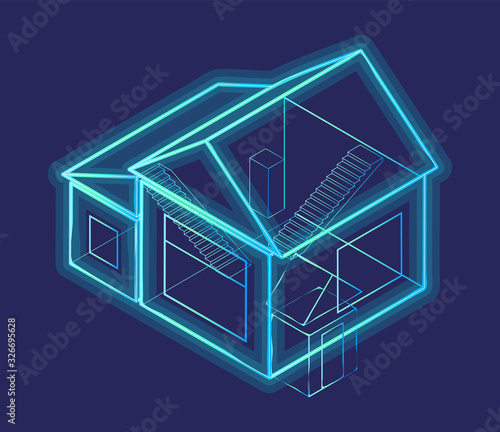 Digital 3d rendering of smart house. Blueprint, outline silhouette of building designed on computer. Architectural schema isolated on blue background. Vector illustration of mockup, isometric style
