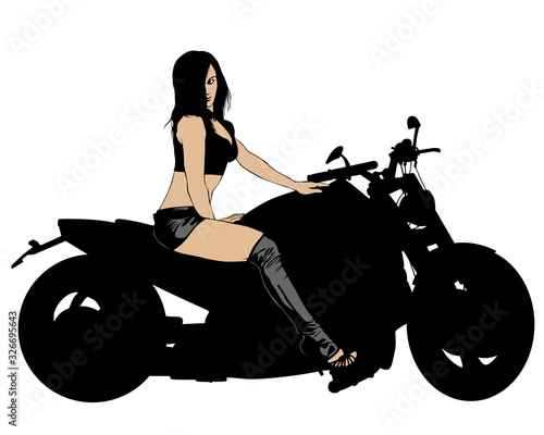 Beauty women on sports motorcycle. Isolated silhouette on a white background