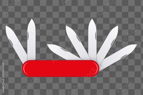 Penknife with many blades. Multi-tool or pocket knife. Editable Vector Illustration isolated on transparent background.