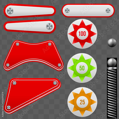 Pinball Element set. Bumpers and flippers kit. Game design and creative concepts. Vector Illustration isolated on transparent background.