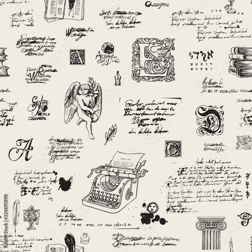 Abstract background with illegible handwritten notes and hand drawn angel, typewriter, capital letters. Vector seamless pattern on the theme of writers. Suitable for wallpaper, wrapping paper, fabric