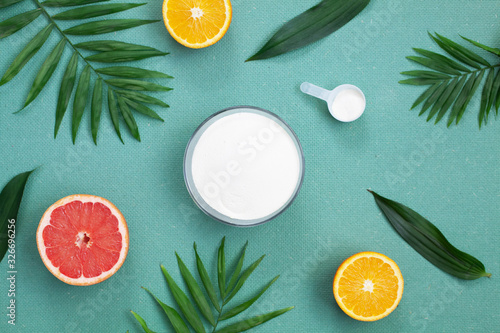 Collagen protein powder. Extra protein intake. Natural beauty and health supplement for skin, bones, joints and gut. Plant or fish based. Copy space for your text.