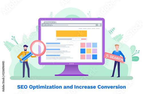People working on website development vector. Man holding magnifying glass scrutinizing web structure, seo optimization and increase in conversion