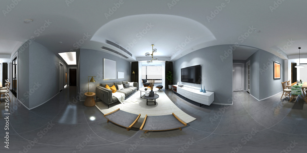360 degrees home living and dining room, 3d rendering
