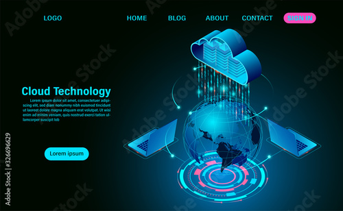 World cloud technology concept. online computing technology. big data flow processing concept on map. isometric flat design vector illustration