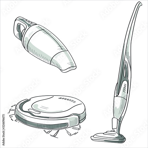 The vacuum cleaner is drawn by line. Household appliances isolate on white background.  Set vertical vacuum cleaner, robot vacuum cleaner.