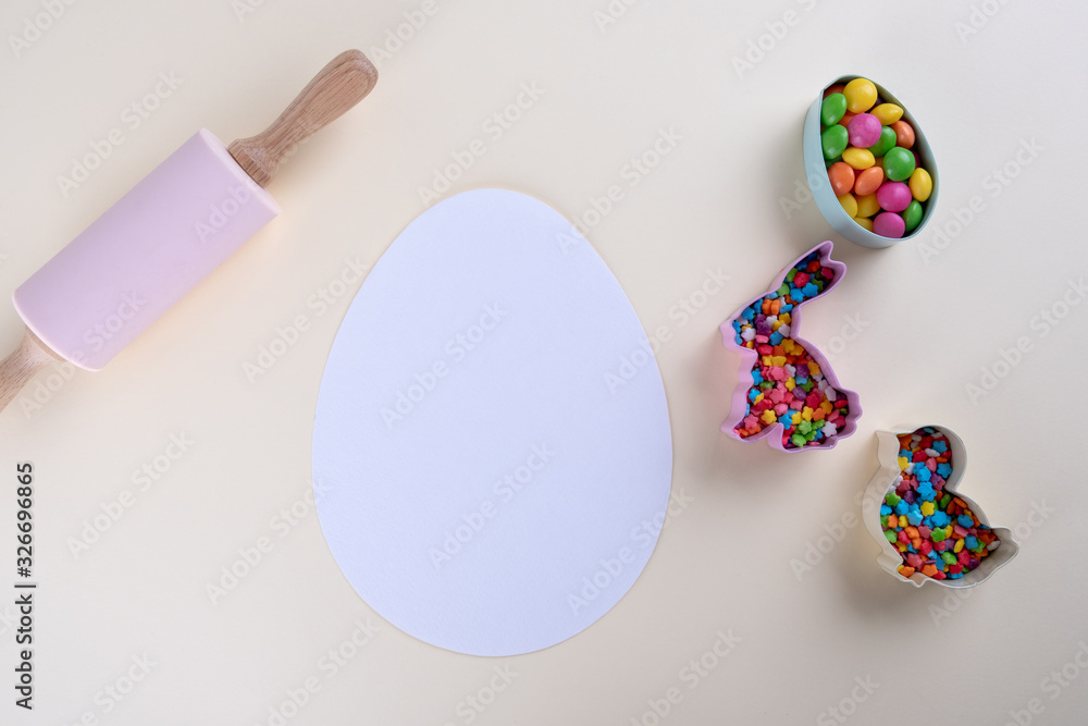 Easter baking and cooking utensils. Flat lay Top view, mockup for recipe