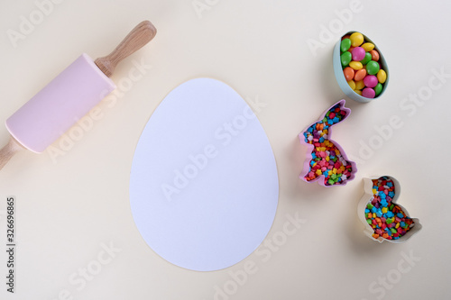 Easter baking and cooking utensils. Flat lay Top view, mockup for recipe