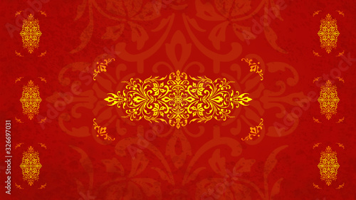 Fototapeta Jugendstil floral Ornament auf Hintergrund rot gold Textil Wand antik altes Papier Vorlage Layout Design Template Geschenk zeitlos schön alt barock edel rokoko elegant background 