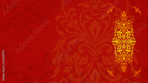 Fototapeta Jugendstil floral Ornament auf Hintergrund rot gold Textil Wand antik altes Papier Vorlage Layout Design Template Geschenk zeitlos schön alt barock edel rokoko elegant background 