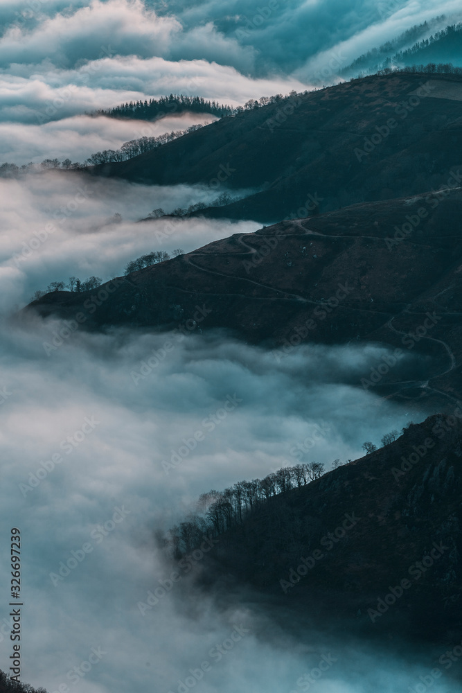 Beautiful fog between the mountains of the Basque country