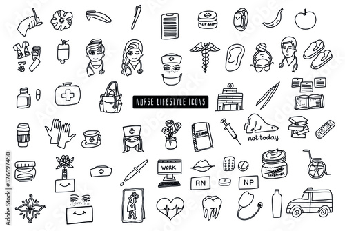 Black hand drawn nurse lifestyle icons  isolated on white background. Doodle vector illustrations set. Includes hospital  mask  ambulance  rubber gloves  register nurse sign  medicine icons and more.