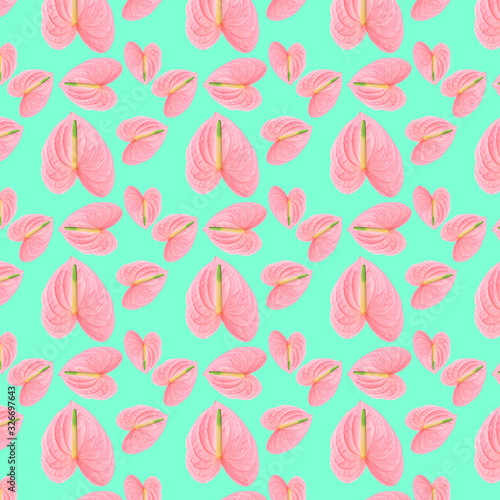 Pattern of a pink flower of different sizes on a green background.