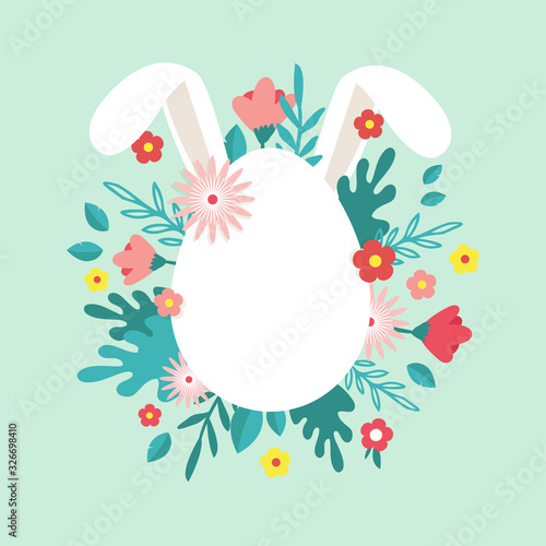 Happy Easter. Greeting card, posteror banner with bunny, flowers and Easter egg. Egg hunt poster. Spring background,